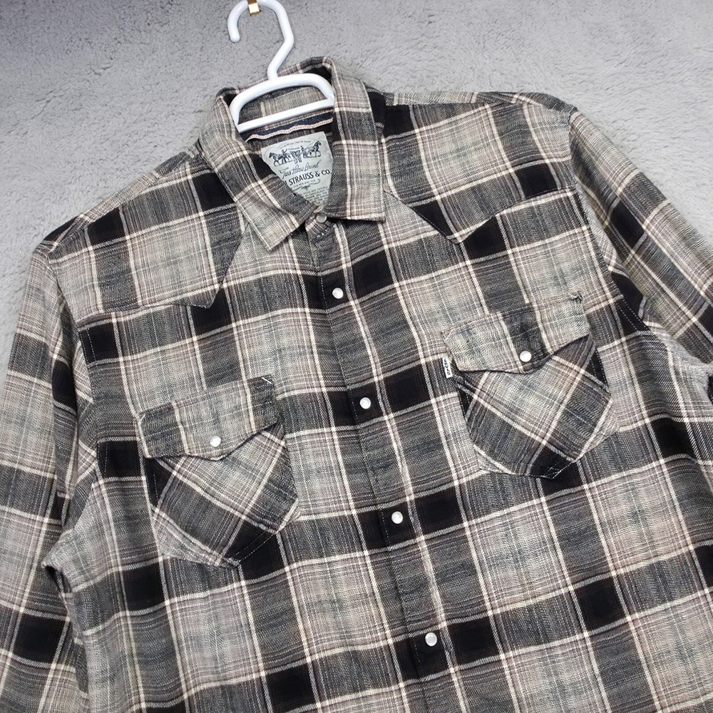 Vintage Levis Western Shirt Mens XL Black Brown Pearl Snap Flannel Plaid‎ Cowboy